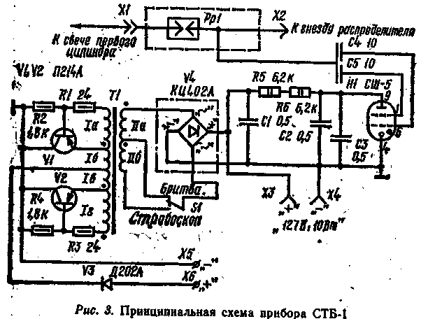 Принципиальная схема автомобильного стробоскопа СТБ-1