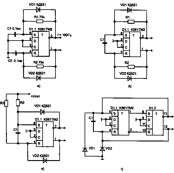Рис. 7. Симметричные мультивибраторы а) на RS триггере с двумя конденсаторами, б) с одним конденсатором, в) с резисторами
соединенными с источником питания, г) на двух RS триггерах